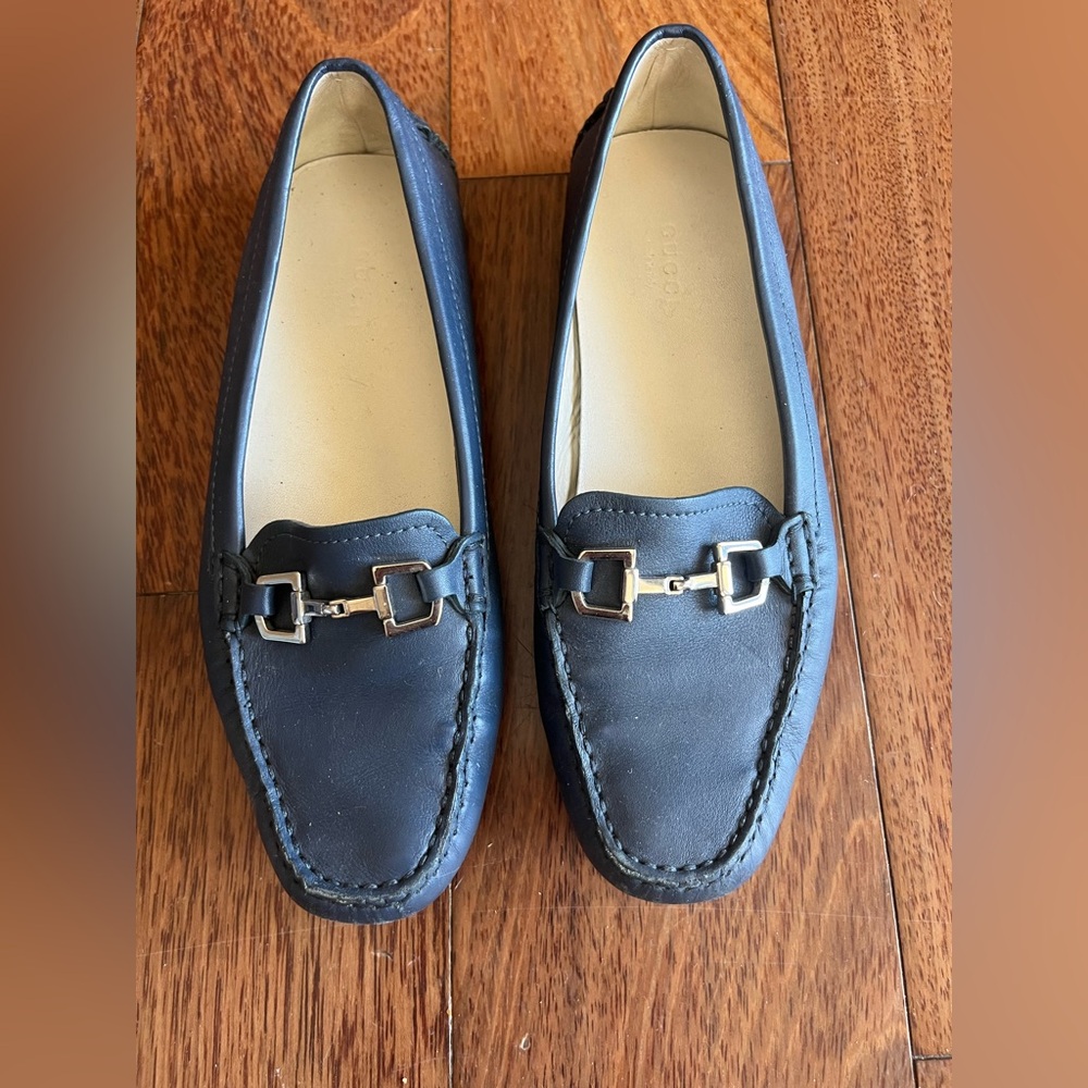 Gucci Women's Dark Blue Drivers Loafers with Silver Accents - 36